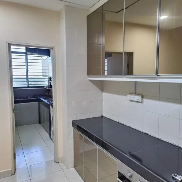 Kitchen features: black granite countertop, white tiled backsplash, stainless-steel sink, chrome faucet, upper cabinets with mirrored doors, lower cabinets with silver handles, built-in oven, ceramic tile flooring, window with horizontal blinds, recessed lighting; style: modern. Laundry features: washing machine, dryer, white tiled walls, ceramic tile flooring.
