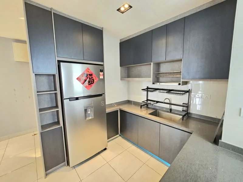 Kitchen features: dark wood cabinetry, stainless-steel fridge, granite countertop, single-bowl stainless-steel sink, chrome pull-down faucet, open shelving, built-in dish rack, ceramic tile flooring, recessed downlights; style: modern.