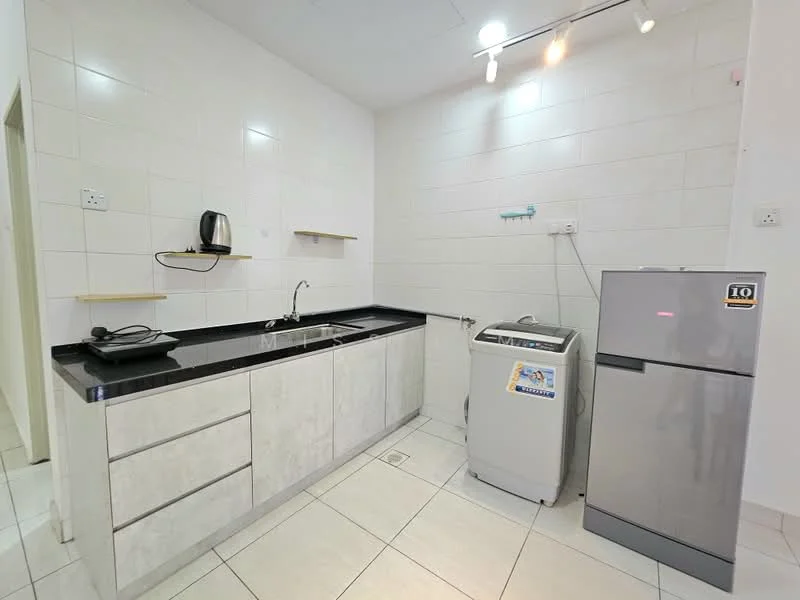 Kitchen features: black granite countertop, white tiled backsplash, grey cabinetry, single-bowl stainless-steel sink, chrome pull-down faucet, built-in wall shelves, stainless-steel fridge, top-load washing machine, kettle, tile flooring, recessed lighting; style: modern.