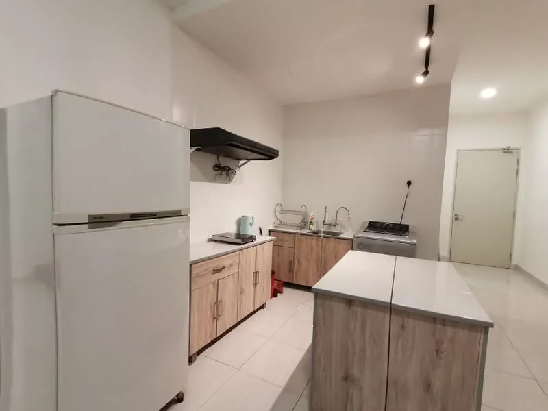 Kitchen features: white walls, tile flooring, ceiling lights, stainless-steel range hood, freestanding gas stove, double-bowl stainless-steel sink, wood cabinetry with wood grain finish, kitchen island with countertop, refrigerator, kettle, wall-mounted faucet; style: modern.