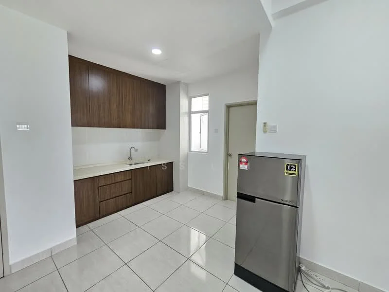 Kitchen features: white tiled flooring, white walls, wood cabinetry, cream countertop, single-bowl stainless-steel sink, chrome pull-down faucet, built-in kitchen cabinet, window for natural light, refrigerator, light fixture; style: modern.