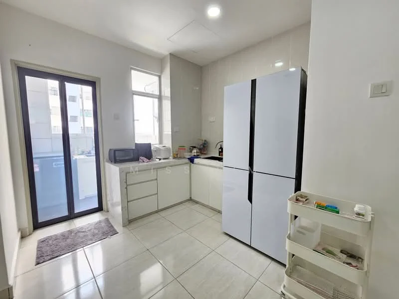 Kitchen features: white cabinetry, double-door fridge, stainless-steel sink, chrome pull-down faucet, black countertop, ceramic tile flooring, recessed downlights, floor-to-ceiling windows, sliding glass door, kitchen island, microwave, open shelving, wall-mounted cabinets; style: modern.