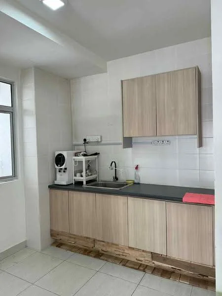 Kitchen features: light wood cabinetry, black countertop, single-bowl stainless-steel sink, chrome pull-down faucet, white tiled backsplash, white tiled walls, ceramic tile flooring, window with grid design, built-in coffee machine, cleaning supplies on countertop, pink dishcloth; style: modern.