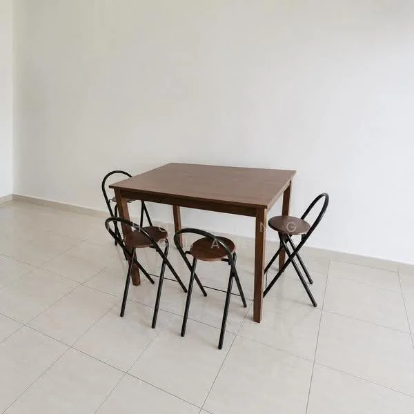 Dining features: wooden dining table, four black metal chairs, light-colored tiled flooring, plain white walls, neutral color scheme, minimalist decor, no visible lighting fixtures, no visible windows; style: modern.