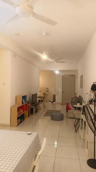 Living features: white painted walls, glossy tile flooring, 5-blade ceiling fan, 2-seater fabric sofa, coffee table, TV console, wall-mounted TV, decorative shelving unit, area rug, floor fan; style: modern. Dining features: dining table with checkered tablecloth, white chairs; style: modern.
