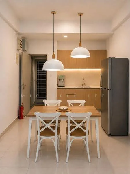 Kitchen features: white painted walls, light wood cabinetry, marble countertop, stainless-steel fridge, built-in oven, 4-burner gas hob, single-bowl stainless-steel sink, chrome pull-down faucet, pendant lighting, dining table with 4 white chairs, tile flooring, recessed LED downlights; style: modern.