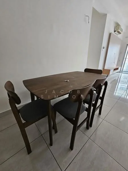 Dining features: wooden dining table, 4-seater dining table, dark wood finish, grey upholstered dining chairs, ceramic tile flooring, white painted walls, wall-mounted air conditioning unit, natural light from window; style: modern.