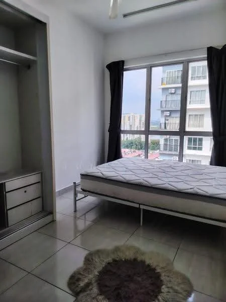 Bedroom features: single bed frame, mattress, built-in wardrobe with sliding doors, white painted walls, grey tiled flooring, floor-to-ceiling windows, blackout curtains, area rug with circular design, ceiling fan; style: modern; view: city.