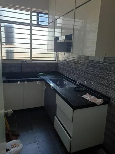 Kitchen features: black granite countertop, white flat-panel cabinets, stainless-steel sink, chrome pull-down faucet, built-in oven, stainless-steel range hood, ceramic tile flooring, grey tiled backsplash, window with horizontal slats, under-cabinet lighting; style: modern.
