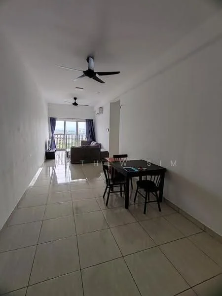 Living features: white painted walls, glossy tile flooring, 5-blade ceiling fan, sofa in grey, dining table with 4 chairs, floor-to-ceiling windows, curtains in blue, air conditioning unit; style: modern; view: city.