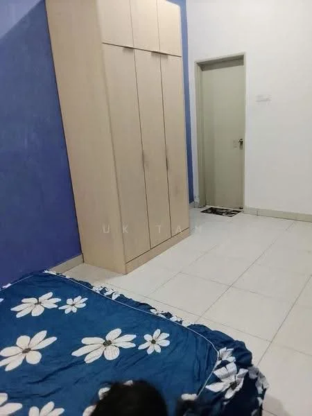 Bedroom features: blue accent wall, white painted walls, white tiled flooring, queen-size bed with floral bedspread, built-in wardrobe with sliding doors, door leading to hallway, window with no visible treatment, light fixture on ceiling.