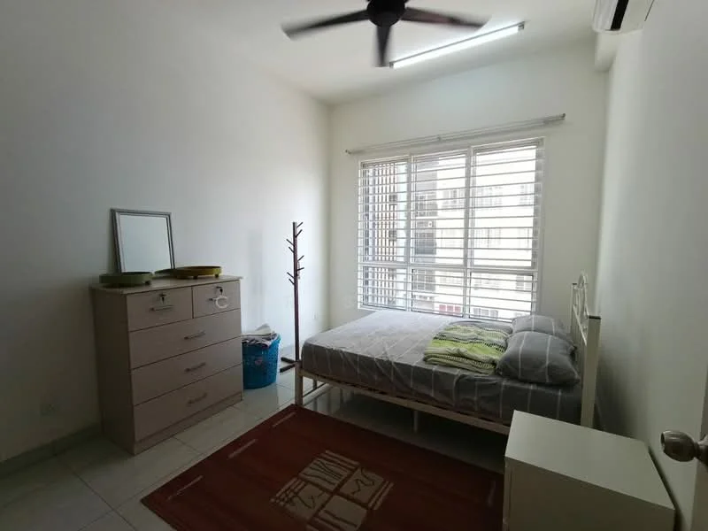 Bedroom features: queen-size bed, upholstered headboard, bedding with green accent pillows, 2 bedside tables, chest of drawers, mirror on top of chest of drawers, floor-to-ceiling windows, white window blinds, ceiling fan, light-colored wall, tile flooring, area rug with geometric pattern; style: modern.