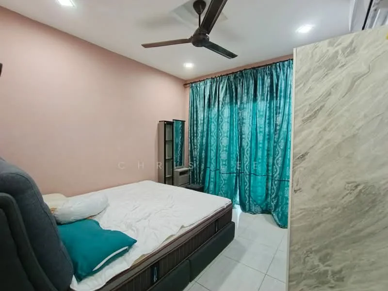 Bedroom features: queen-size bed, upholstered headboard, two decorative pillows, floor-to-ceiling curtains in teal, light pink painted walls, white ceiling, ceiling fan, tile flooring, nightstand, mirror cabinet; style: modern.