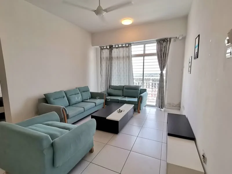 Living features: 3-seater fabric sofa in light blue, 2-seater fabric sofa in light blue, coffee table with black surface, floor-to-ceiling windows, sheer curtains, grey curtains, white painted walls, tile flooring, ceiling fan, wall-mounted TV console; style: modern; view: city.