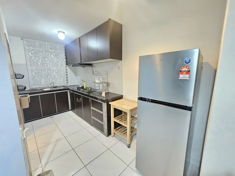 Kitchen features: dark wood cabinetry, stainless-steel fridge, built-in oven, 4-burner gas hob, stainless-steel range hood, single-bowl stainless-steel sink, chrome pull-down faucet, white tiled backsplash, white tiled flooring, window with sheer curtains, wooden kitchen island, countertop with storage; style: modern.
