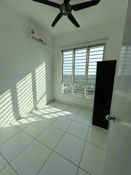 Bedroom features: white painted walls, white tile flooring, 5-blade ceiling fan, window with horizontal slats, air conditioning unit, built-in wardrobe, natural light from window, city view from window; style: modern; view: city.