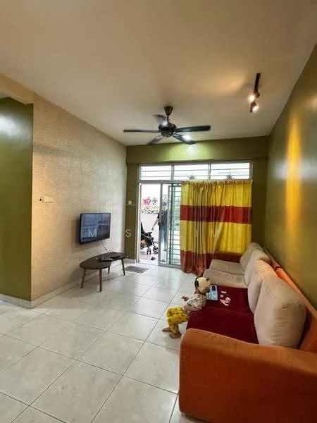 Living features: light green painted walls, cream tiled flooring, 5-blade ceiling fan with light, wall-mounted TV, wooden coffee table, 2-seater fabric sofa in beige, red throw blanket, curtains with yellow and red stripes, sliding glass door, decorative wall with patterned wallpaper; style: modern.