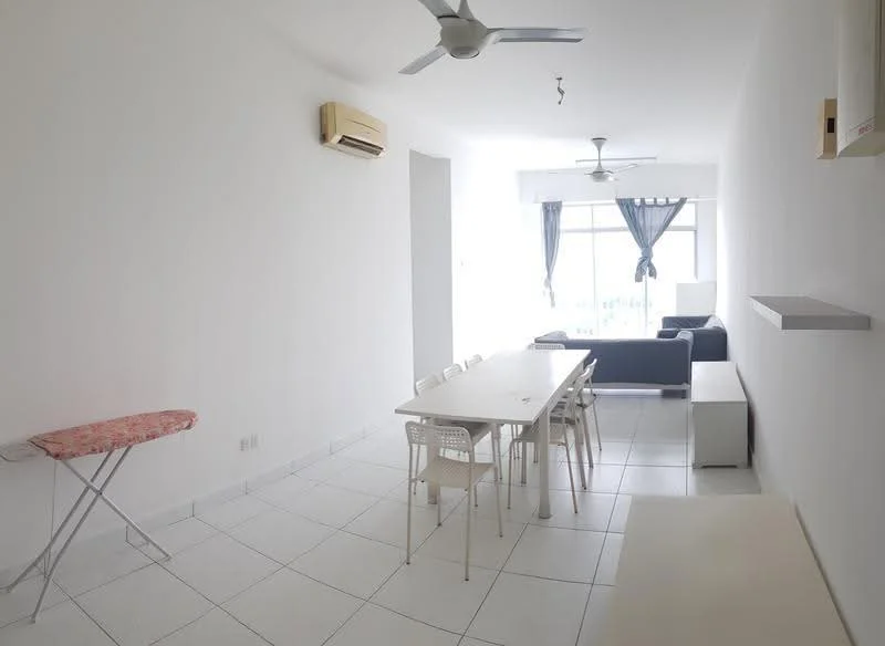 Living features: white painted walls, tile flooring, 5-blade ceiling fan, wall-mounted split AC, floor-to-ceiling windows, sheer curtains, sofa in dark blue, dining table with 6 chairs, ironing board, white console table, decorative shelf; style: modern; view: city.