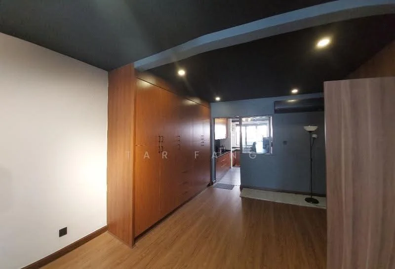 Room features: wooden flooring, blue painted walls, dark ceiling, built-in wooden cabinetry, floor lamp, air conditioning unit, open layout to kitchen, light fixtures; style: modern.