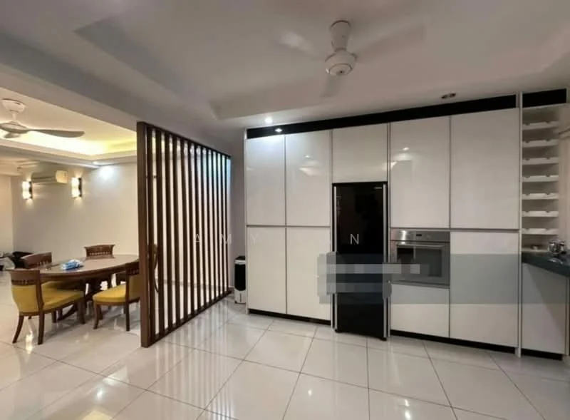 Kitchen features: white cabinetry, built-in oven, black fridge, ceramic tile flooring, recessed downlights, 5-blade ceiling fan, open shelving, countertop with backsplash, kitchen island, dining table with wooden chairs; style: modern. Dining features: 6-seater dining table, wooden chairs; style: modern.
