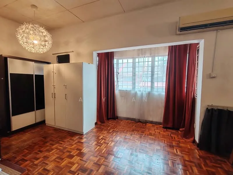 Room features: wood parquet flooring, white painted walls, large window with sheer curtains, red curtains, ceiling-mounted air conditioning unit, white wardrobe with sliding doors, decorative pendant light, radiator heating unit; style: modern.
