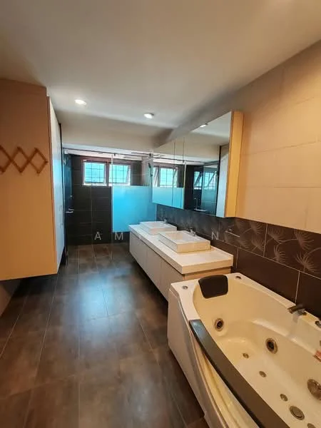 Bathroom features: freestanding bathtub with jets, double-sink vanity with white countertop, large wall-mounted mirror, dark tile accent wall, light tile flooring, recessed downlights, window for natural light, wood cabinetry, decorative wall feature, modern faucet fixtures; style: modern.