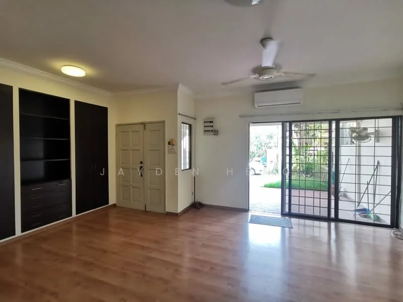 Living features: laminate flooring, white painted walls, 5-blade ceiling fan with light, wall-mounted split AC, built-in shelving unit, double doors, floor-to-ceiling windows, sliding glass door, natural light, access to outdoor space; style: modern; view: garden.