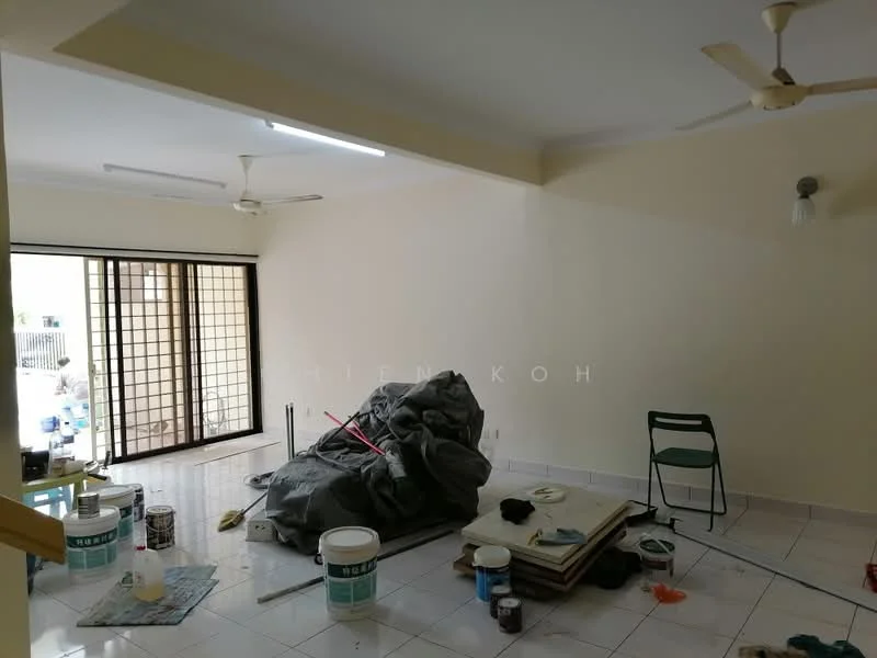 Room features: white painted walls, polished ceramic tile flooring, 2 ceiling fans, large sliding glass door, black metal grilles on sliding door, multiple paint cans, stacked furniture, unfinished decor, exposed electrical wiring, light fixture on ceiling.