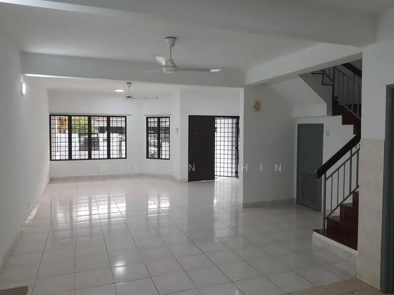 Living features: white painted walls, glossy ceramic tile flooring, 5-blade ceiling fan with light, large windows with black metal grilles, double-door main entrance, staircase with wooden steps, wall-mounted light fixtures, open layout; style: modern.