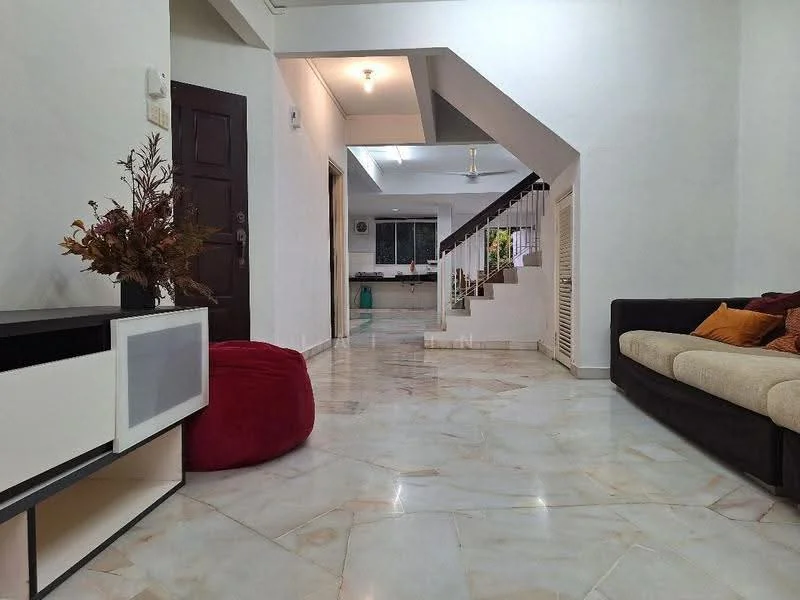 Living features: white painted walls, marble flooring, ceiling fan, sofa with cushions, decorative throw pillows, coffee table, decorative plant arrangement, open layout, natural light from windows; style: modern. Room features: staircase, doorway leading to another room, window with natural light.