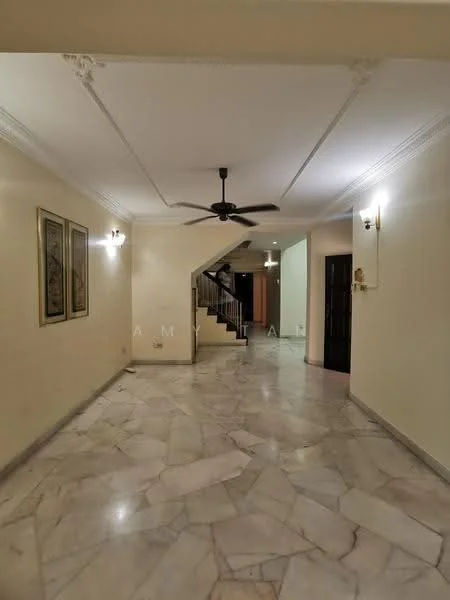 Room features: marble flooring, white painted walls, ceiling with crown moulding, 5-blade ceiling fan, wall sconces, staircase leading to upper floor, decorative wall art, recessed lighting; style: modern.