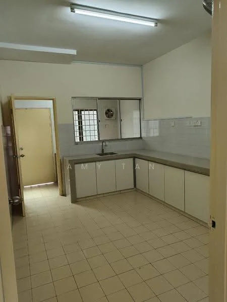 Kitchen features: white tiled walls, light grey countertop, built-in cabinetry with white finish, single-bowl stainless-steel sink, chrome faucet, window above sink, tile flooring, fluorescent ceiling lights.