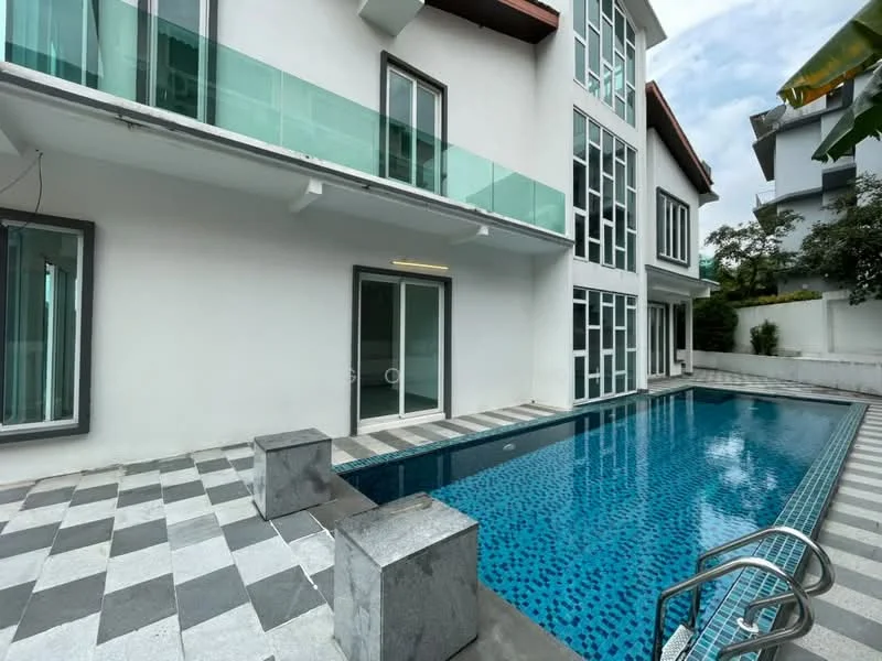 Exterior type: detached bungalow; features: swimming pool with mosaic tiles, glass railing on balcony, stone-paved pool deck, large floor-to-ceiling windows, white painted facade, sliding glass door, manicured landscaping, modern architectural design; style: modern.