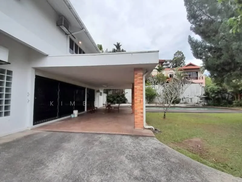 Exterior type: detached bungalow; features: covered car porch, exposed brick column, manicured lawn, mature trees, concrete driveway, paved walkway, surrounded by greenery; style: modern.