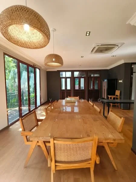 Dining features: large wooden dining table, 8 wooden chairs with rattan backs, pendant lighting fixtures, wooden flooring, floor-to-ceiling windows, sliding glass doors, dark grey accent wall, air conditioning unit; style: modern; view: garden.