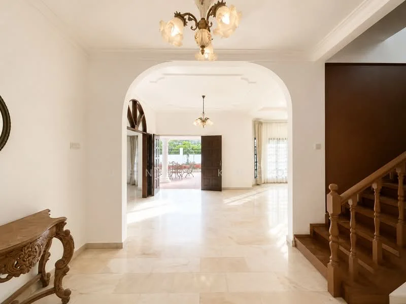 Room features: white painted walls, marble flooring, arched doorways, chandelier with multiple bulbs, large windows allowing natural light, staircase with wooden handrail, decorative wall mirror, high ceiling with crown moulding; style: modern; view: garden.