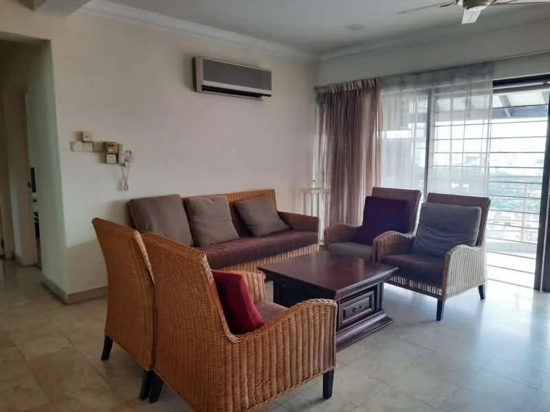 Living features: 3-seater fabric sofa in brown, 2 armchairs with cushions, wood coffee table, marble flooring, wall-mounted split AC, floor-to-ceiling windows, sheer curtains, recessed downlights, decorative wall paneling; style: contemporary; view: city.