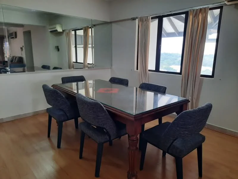 Dining features: wooden dining table with glass top, 6 upholstered dining chairs in grey, large mirror on one wall, floor-to-ceiling windows, sheer curtains, wooden flooring, air conditioning unit on wall, view of greenery outside; style: modern; view: garden.