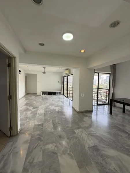 Living features: marble flooring, white painted walls, recessed downlights, 5-blade ceiling fan, floor-to-ceiling windows, sliding glass door, curtains, open layout, balcony access, city view; style: modern; view: city.