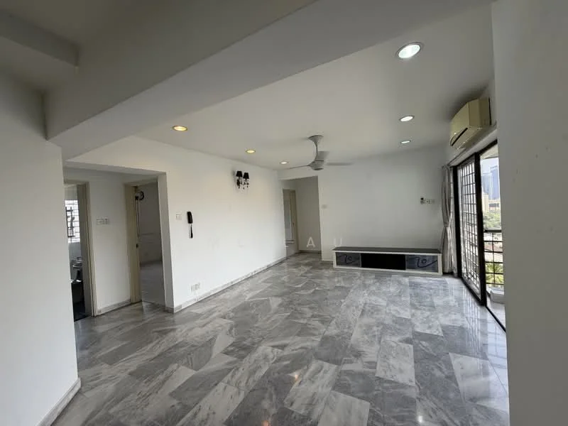 Living features: grey marble tile flooring, white painted walls, recessed downlights, 5-blade ceiling fan with light, sliding glass door, wall-mounted TV console, air conditioning unit, floor-to-ceiling windows; style: modern; view: city.