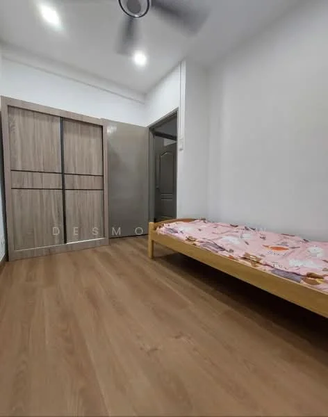 Bedroom features: single bed with wooden frame, pink floral bedspread, laminate wood flooring, built-in wardrobe with sliding doors, plain white walls, ceiling fan, door to hallway, window with no visible treatment; style: minimalist.