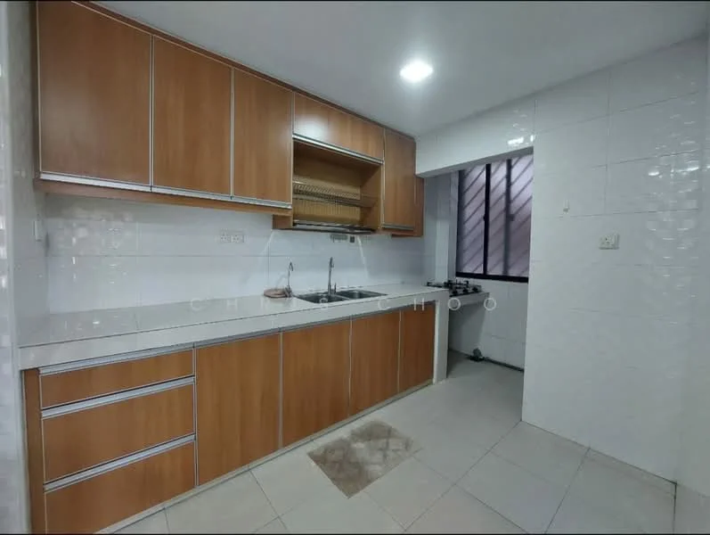 Kitchen features: wood cabinetry in light brown, grey countertop, stainless-steel sink, chrome pull-down faucet, built-in gas stove, wall-mounted range hood, white tiled backsplash, ceramic tile flooring, window with metal grilles, recessed LED downlights; style: modern.