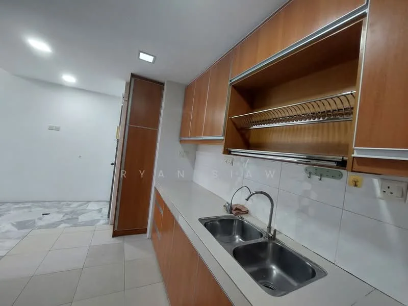 Kitchen features: double-bowl stainless-steel sink, chrome pull-down faucet, white tiled backsplash, light wood cabinetry, open shelving above sink, granite countertop, ceramic tile flooring, recessed downlights; style: modern.