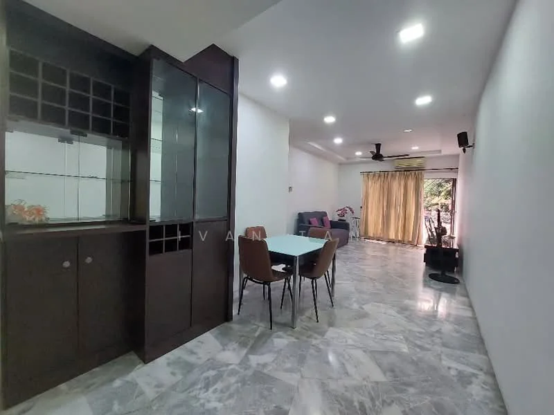 Living features: marble flooring, white painted walls, recessed downlights, 5-blade ceiling fan, sliding glass door, curtains, dining table for four, brown upholstered dining chairs, glass display cabinet, open layout, natural light from windows; style: modern; view: garden.