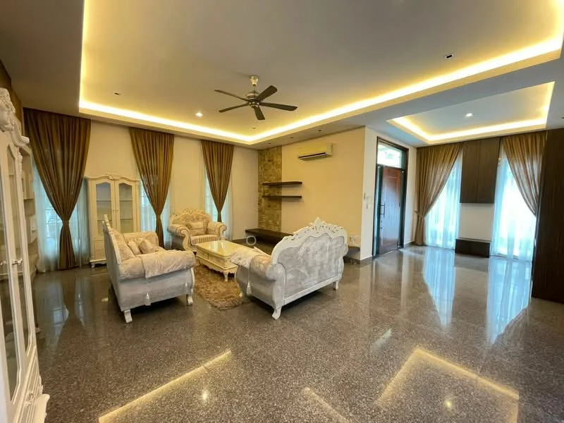 Living features: 5-blade ceiling fan with light, recessed LED downlights, cream painted walls, grey marble flooring, sofa set in light fabric, coffee table, decorative area rug, built-in shelving unit, large windows with sheer curtains, wall-mounted TV shelf, stone accent wall, double curtains; style: modern.