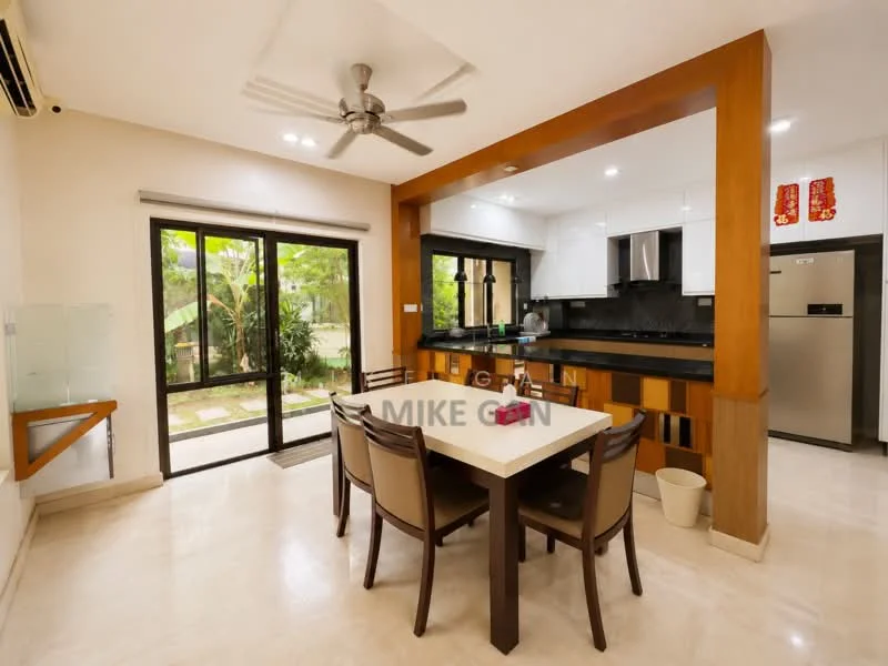 Dining features: dining table for 4, brown wooden dining chairs, ceiling fan with light, white walls, marble flooring, large sliding glass door, black countertop, wooden cabinetry, refrigerator, kitchen island with seating, natural light from windows, decorative wall lanterns; style: modern; view: garden. Kitchen features: black countertop, white cabinetry, built-in oven, stainless-steel fridge, kitchen island, recessed lighting; style: modern; view: garden.