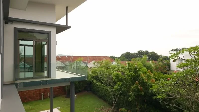 Room features: glass balcony railing, sliding glass door, outdoor garden view, green landscaping, mature trees, manicured lawn, brick wall, roof overhang; style: modern; view: garden.