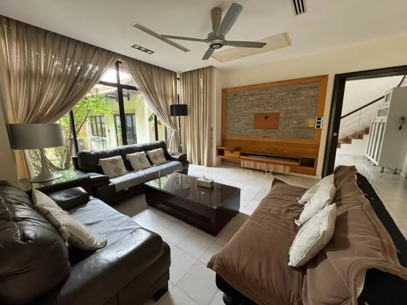 Living features: 3-seater leather sofa in dark brown, 2-seater fabric sofa in beige, coffee table with dark wood finish, wall-mounted TV console, decorative stone feature wall, floor-to-ceiling windows, sheer curtains, ceiling fan with light, tile flooring, area rug, decorative wall paneling, indoor plants visible; style: modern; view: garden.