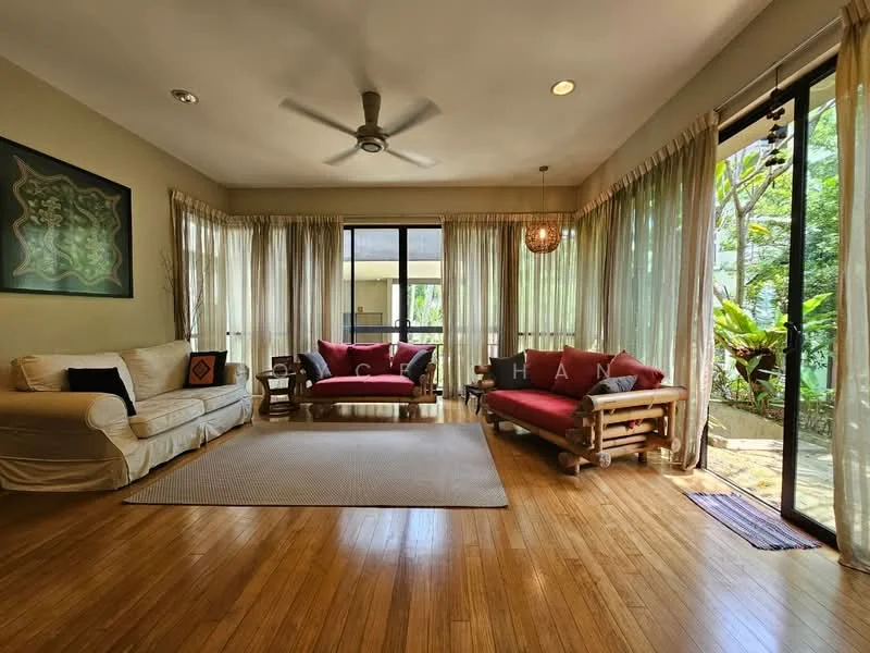 Living features: wooden flooring, 5-blade ceiling fan, floor-to-ceiling windows, sheer curtains, sliding glass door, red fabric sofa, beige fabric sofa, decorative wall art, area rug, indoor plants, natural light, open layout; style: contemporary; view: garden.