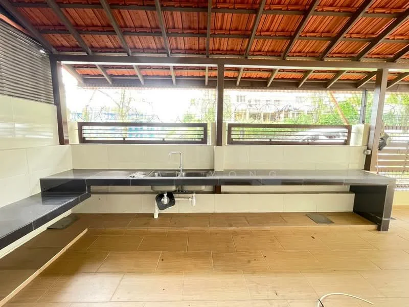 Room features: black granite countertop, single-bowl stainless-steel sink, chrome pull-down faucet, white tiled walls, wooden ceiling with exposed beams, wooden roof structure, tile flooring in light brown, open layout with no cabinetry, large windows for natural light, outdoor space with view; style: modern; view: garden.